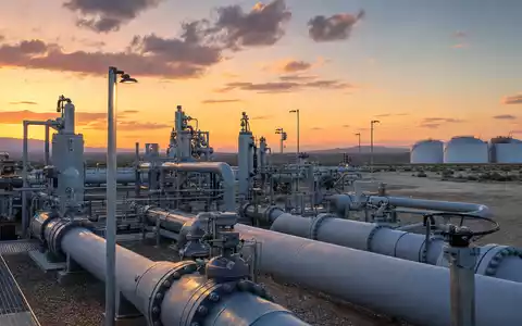 Fotorealistische Pipeline-Anlage bei Sonnenuntergang symbolisiert Kinder Morgan, Aktie mit ISIN US49456B1017, moderne Energieinfrastruktur Nordamerikas - Foto: THN