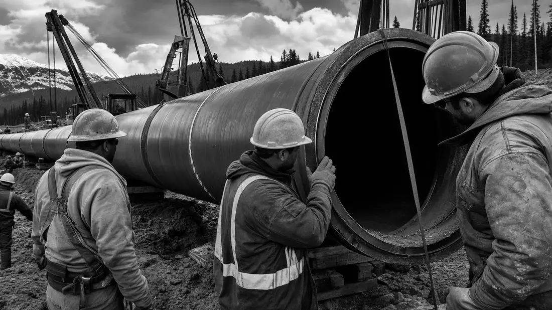 Dokumentarische Schwarzweißaufnahme von Arbeitern an einer großen Pipeline-Baustelle