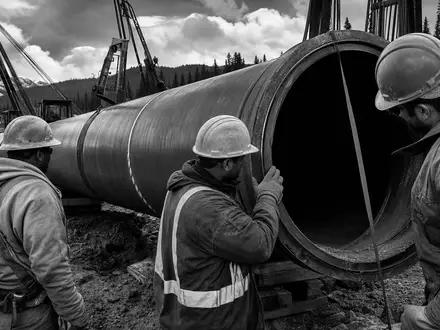 Schwarzweiß-Reportagefoto von Pipeline-Bauarbeitern repräsentiert Kinder Morgan, Aktie mit ISIN US49456B1017, dokumentarischer Infrastrukturbau im Gebirge - Foto: THN