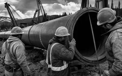 Schwarzweiß-Reportagefoto von Pipeline-Bauarbeitern repräsentiert Kinder Morgan, Aktie mit ISIN US49456B1017, dokumentarischer Infrastrukturbau im Gebirge - Foto: THN