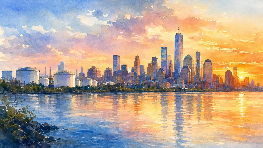 Aquarellbild einer Stadtsilhouette mit Tanklager am Fluss im Abendlicht