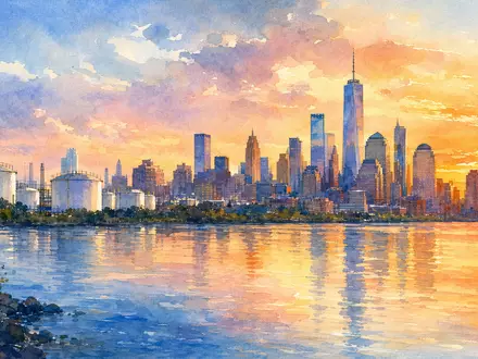 Aquarellmalerei einer amerikanischen Skyline bei Sonnenuntergang steht für Kinder Morgan, Aktie ISIN US49456B1017, Energiestandort künstlerisch - Foto: THN