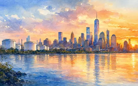 Aquarellmalerei einer amerikanischen Skyline bei Sonnenuntergang steht für Kinder Morgan, Aktie ISIN US49456B1017, Energiestandort künstlerisch - Foto: THN