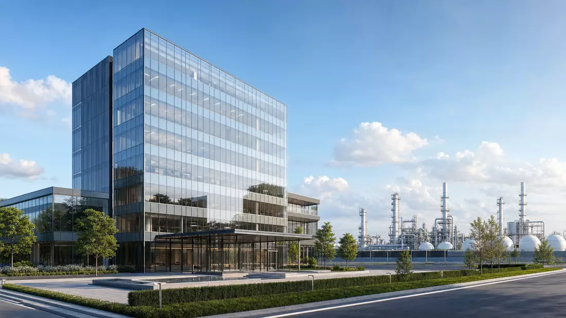 3D-Render eines Glas-Bürogebäudes neben einer industriellen Verarbeitungsanlage