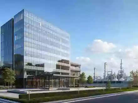 Architektur-Render eines Bürogebäudes mit Anlage im Hintergrund veranschaulicht Kinder Morgan, Aktie ISIN US49456B1017, moderne Unternehmenszentrale - Foto: THN