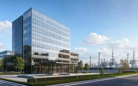 Architektur-Render eines Bürogebäudes mit Anlage im Hintergrund veranschaulicht Kinder Morgan, Aktie ISIN US49456B1017, moderne Unternehmenszentrale - Foto: THN