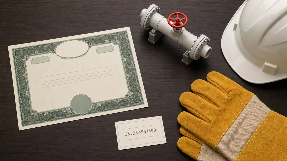 Draufsicht auf Aktienzertifikat, Codekarte, Pipeline-Modell, Helm und Handschuhe