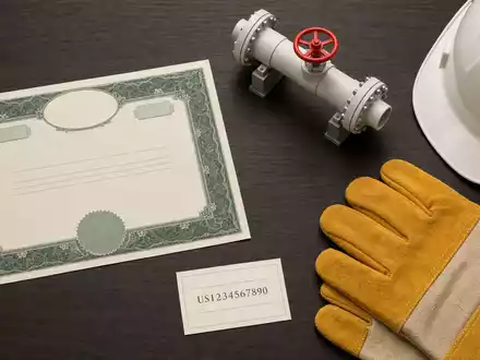 Flatlay mit Aktienzertifikat und Pipeline-Modell symbolisiert Kinder Morgan, Aktie ISIN US49456B1017, Investment in Energieinfrastruktur visuell - Foto: THN