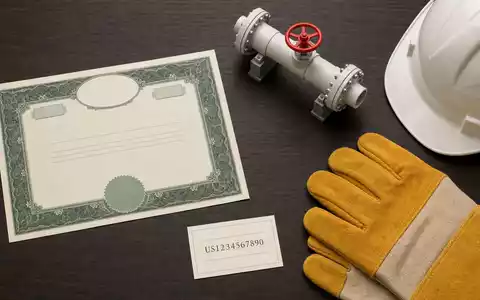 Flatlay mit Aktienzertifikat und Pipeline-Modell symbolisiert Kinder Morgan, Aktie ISIN US49456B1017, Investment in Energieinfrastruktur visuell - Foto: THN