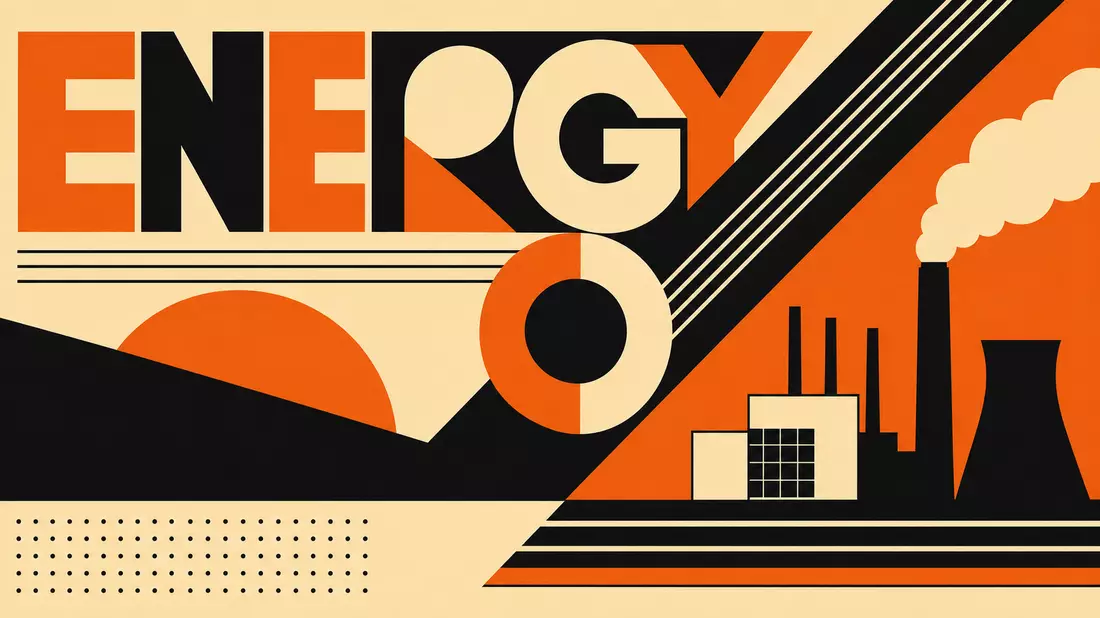 Bauhaus-Poster mit geometrischen Formen und Schriftzug ENERGY in Orange und Schwarz