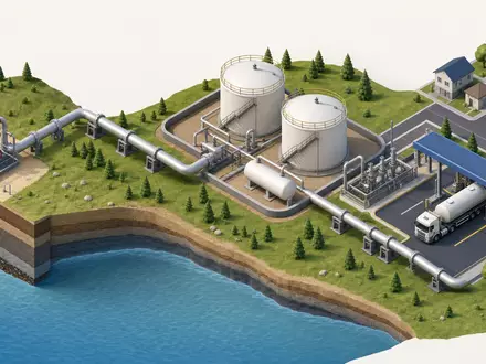 Isometrische 3D-Grafik der Wertschöpfungskette veranschaulicht Kinder Morgan, Aktie ISIN US49456B1017, von Förderung bis Verteilung - Foto: THN