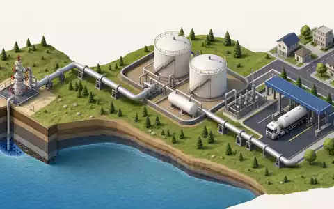 Isometrische 3D-Grafik der Wertschöpfungskette veranschaulicht Kinder Morgan, Aktie ISIN US49456B1017, von Förderung bis Verteilung - Foto: THN