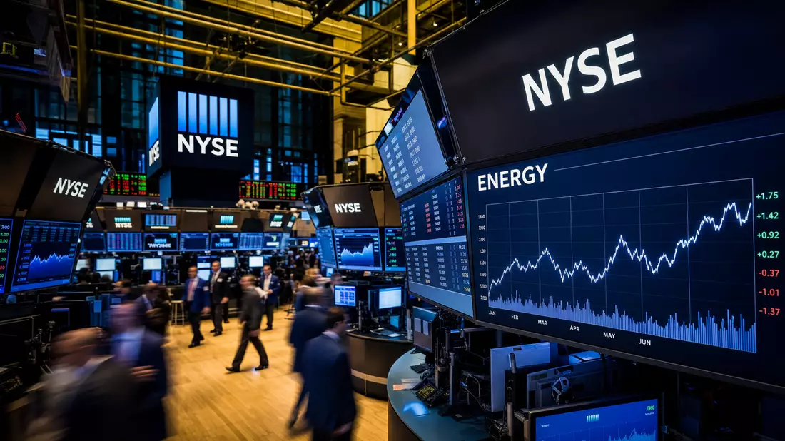 Trading-Floor mit Bildschirmen, die Energie-Sektor-Charts und NYSE-Kürzel zeigen