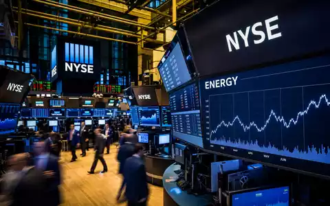 Börsen-Editorial vom NYSE-Handelsparkett mit Energiechart steht für Kinder Morgan, Aktie ISIN US49456B1017, Marktbewegung Energie-Sektor - Foto: THN