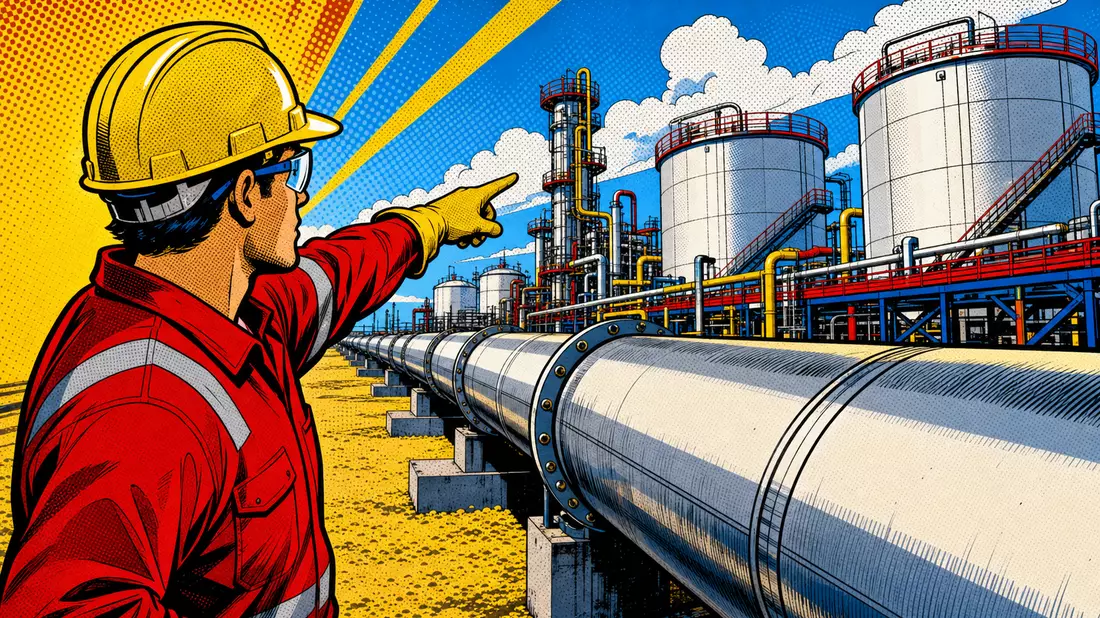 Comic-Illustration eines Arbeiters vor Pipeline und Tanks im Pop-Art-Stil