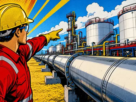 Pop-Art-Comic mit Pipeline-Arbeiter und Anlage symbolisiert Kinder Morgan, Aktie ISIN US49456B1017, Energiebranche bunt und dynamisch - Foto: THN