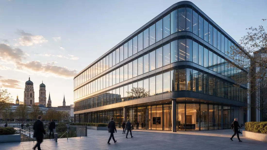 Moderne Glas-Bürozentrale in München bei Sonnenuntergang mit Passanten auf der Plaza