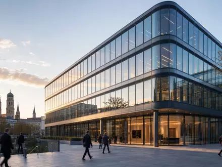 Fotorealistische Bürozentrale in München symbolisiert Mutares SE & Co. KGaA, ISIN DE000A0Z23Y2, im warmen Abendlicht - Foto: THN