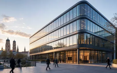 Fotorealistische Bürozentrale in München symbolisiert Mutares SE & Co. KGaA, ISIN DE000A0Z23Y2, im warmen Abendlicht - Foto: THN