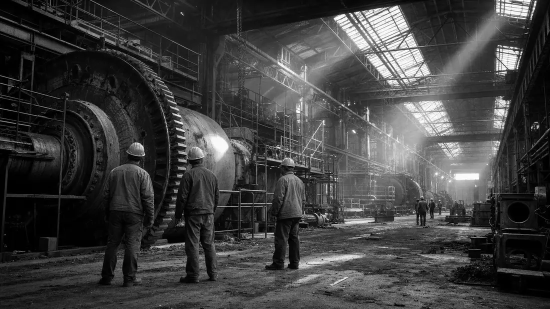 Schwarzweiß-Reportagefoto von Arbeitern in einer restrukturierten Industriehalle