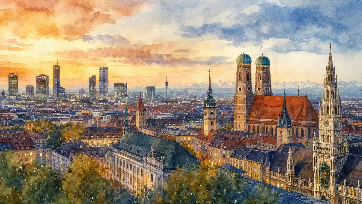 Aquarellmalerei der Münchner Skyline bei Sonnenuntergang mit historischen Türmen