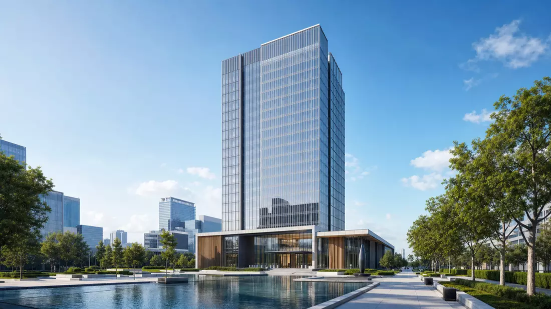 3D-Architekturvisualisierung eines schlanken Glas-Hochhauses mit Wasserbecken davor