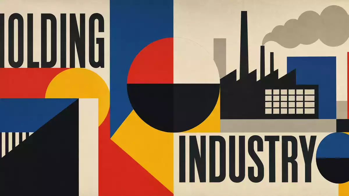 Bauhaus-Poster mit geometrischen Formen und stilisierter Fabrik in Primärfarben
