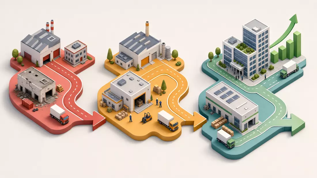 Isometrische Illustration einer dreistufigen industriellen Wertschöpfungskette mit Fabriken und Lastwagen
