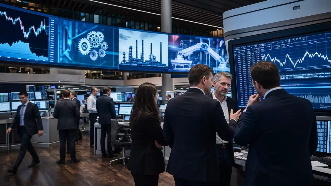 Trader diskutieren vor großen Bildschirmen mit Charts und Industrie-Symbolen im Börsensaal