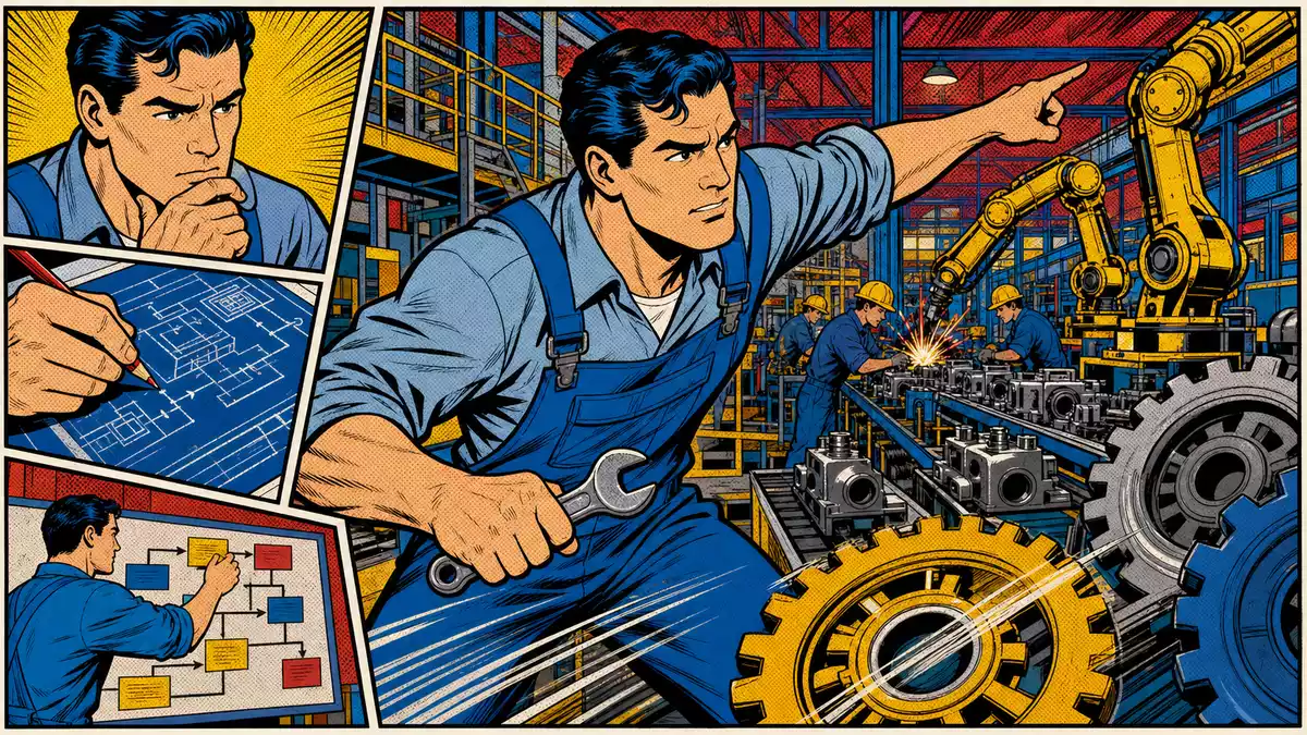 Comic-Illustration eines Ingenieurs an einer Fließbandanlage im Pop-Art-Stil mit Halbtonpunkten