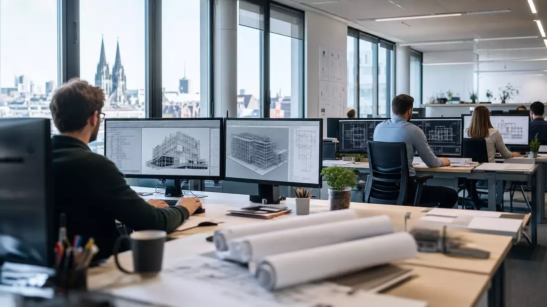 Fotorealistisches Büro mit Bildschirmen voller 3D-Gebäudemodelle und Bauplänen
