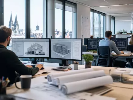 Nemetschek SE ISIN DE0006452907: modernes Softwarebüro zeigt digitale Gebäudemodelle auf mehreren Bildschirmen im Tageslicht - Foto: THN