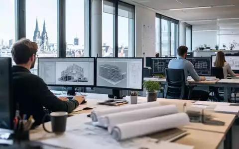 Nemetschek SE ISIN DE0006452907: modernes Softwarebüro zeigt digitale Gebäudemodelle auf mehreren Bildschirmen im Tageslicht - Foto: THN