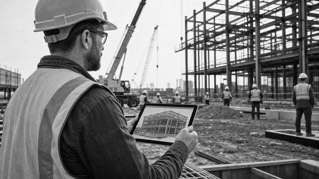 Schwarzweißfoto eines Bauleiters mit Tablet vor Stahlbaustelle und Kränen