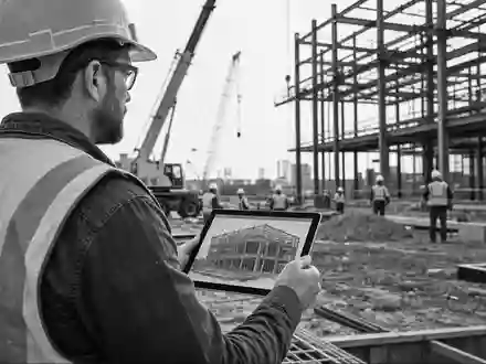 Nemetschek SE ISIN DE0006452907: Schwarzweiß-Reportagefoto eines Bauleiters mit Tablet und digitalem Gebäudemodell auf Baustelle - Foto: THN