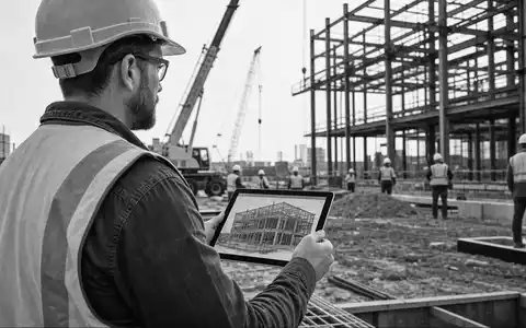 Nemetschek SE ISIN DE0006452907: Schwarzweiß-Reportagefoto eines Bauleiters mit Tablet und digitalem Gebäudemodell auf Baustelle - Foto: THN