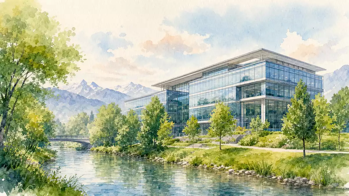 Aquarellbild eines gläsernen Bürogebäudes an einem Fluss vor Bergkulisse