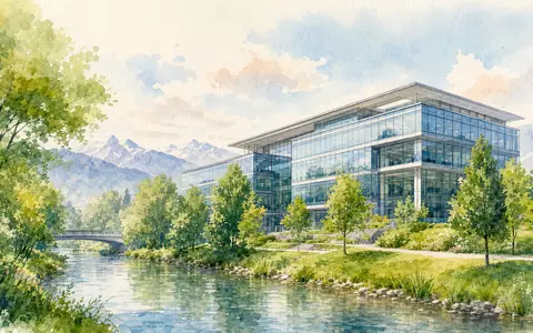 Nemetschek SE ISIN DE0006452907: Aquarellmalerei einer modernen Firmenzentrale mit Glasfassade nahe Fluss und Bergen - Foto: THN