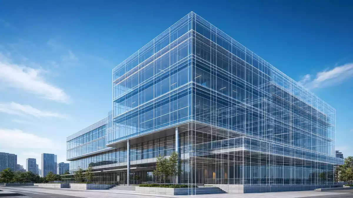 3D-Architekturrender eines Glasturms mit digitalen Wireframe-Linien auf der Fassade