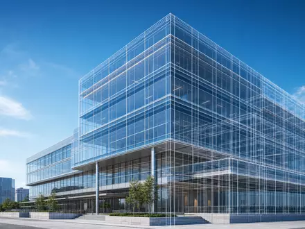 Nemetschek SE ISIN DE0006452907: architektonischer 3D-Render eines gläsernen Bürohochhauses mit sichtbaren digitalen Modelllinien - Foto: THN