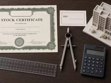 Nemetschek SE ISIN DE0006452907: Flatlay-Anordnung aus Aktienzertifikat, ISIN-Karte, Zirkel und kleinem Gebäudemodell - Foto: THN