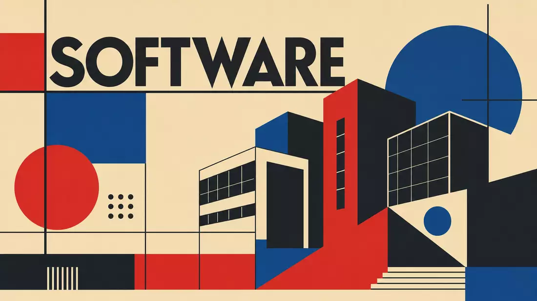 Bauhaus-Poster mit geometrischen Formen, Gebäudeumrissen und dem Wort SOFTWARE