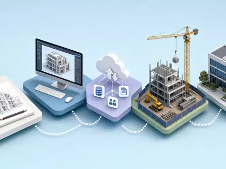Nemetschek SE ISIN DE0006452907: isometrische 3D-Illustration der digitalen Wertschöpfungskette vom Entwurf bis zum Bau - Foto: THN