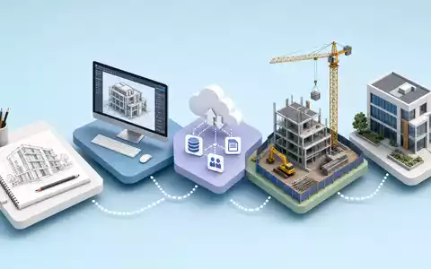 Nemetschek SE ISIN DE0006452907: isometrische 3D-Illustration der digitalen Wertschöpfungskette vom Entwurf bis zum Bau - Foto: THN