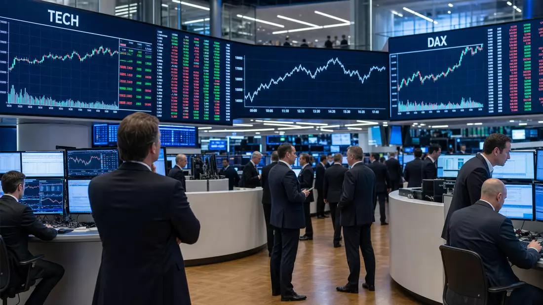 Trading-Floor mit großen Bildschirmen zeigt Kurscharts unter den Kürzeln TECH und DAX
