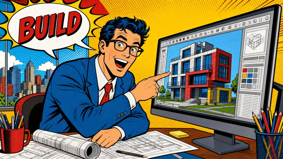Pop-Art-Comic mit Architekt, der auf ein farbiges 3D-Gebäudemodell am Bildschirm zeigt
