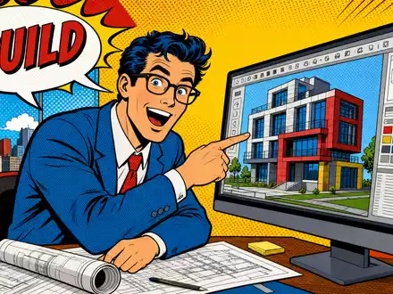 Nemetschek SE ISIN DE0006452907: farbenfrohe Pop-Art-Comicszene zeigt begeisterten Architekten vor buntem digitalem Gebäudemodell - Foto: THN