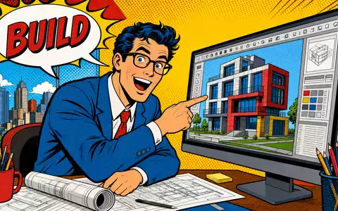 Nemetschek SE ISIN DE0006452907: farbenfrohe Pop-Art-Comicszene zeigt begeisterten Architekten vor buntem digitalem Gebäudemodell - Foto: THN
