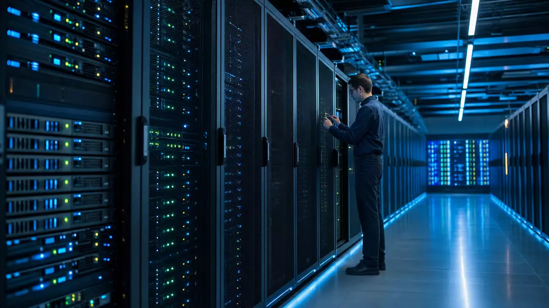Modernes Rechenzentrum mit Serverreihen und blauem Licht fuer Börsentechnologie