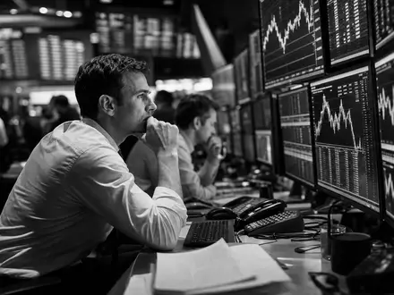 Nasdaq Inc. US6311031081 schwarz weisses Reportage Foto von Analysten vor grossen Marktdaten Bildschirmen - Foto: THN